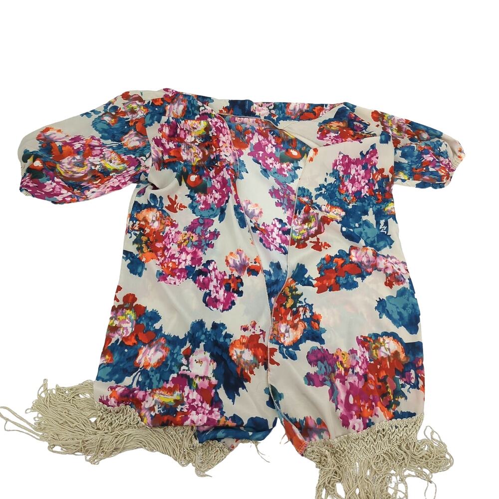 EUC Gimmicks by BKE Floral Tunic Womens‎ S Scrunchie Sleeve Drop Yarn Hem